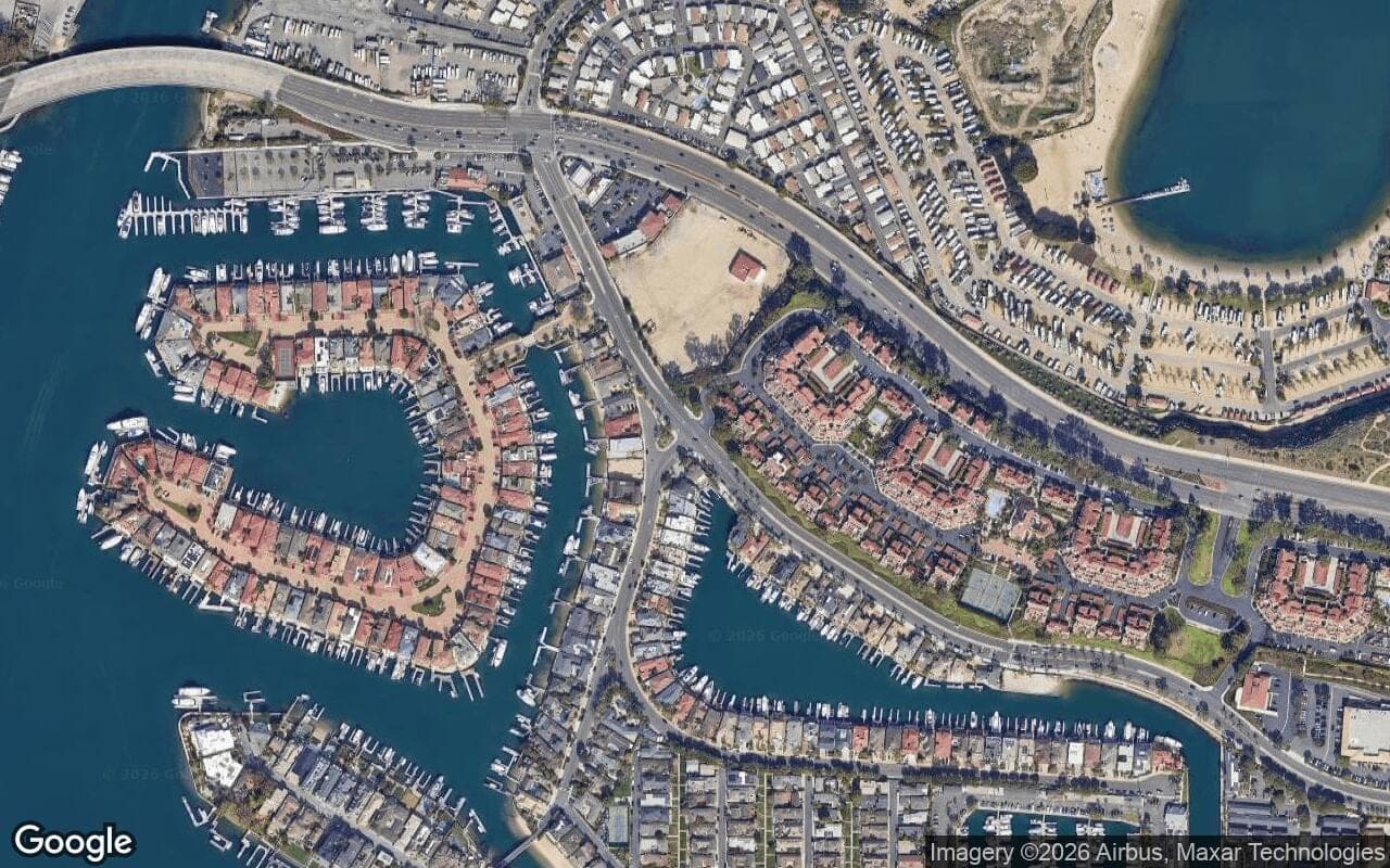 Satellite aerial view of Promontory Bay in Newport Beach, California, showing the neighborhood's streets and surroundings.