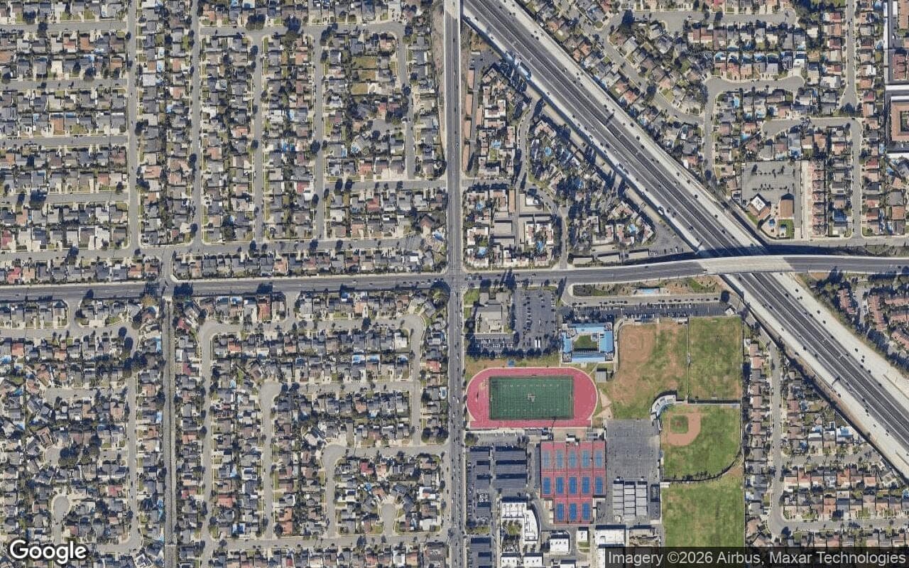 Satellite aerial view of Rancho Mesa in Fountain Valley, California, showing the neighborhood's streets and surroundings.
