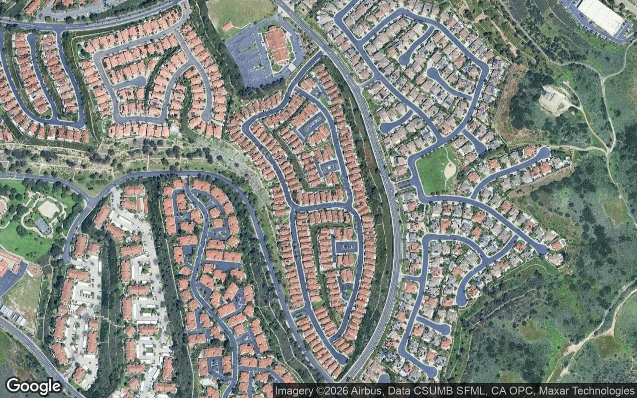 Satellite aerial view of Rancho San Clemente in San Clemente, California, showing the neighborhood's streets and surroundings.