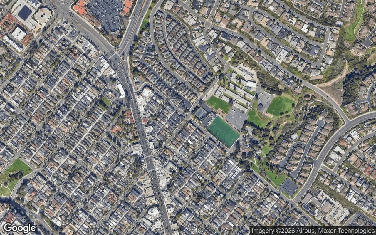 Satellite aerial view of Sailhouse in Corona del Mar, California, showing the neighborhood's streets and surroundings.