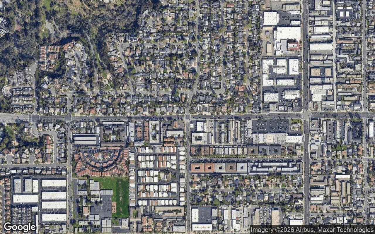 Satellite aerial view of SoBeCa District in Costa Mesa, California, showing the neighborhood's streets and surroundings.