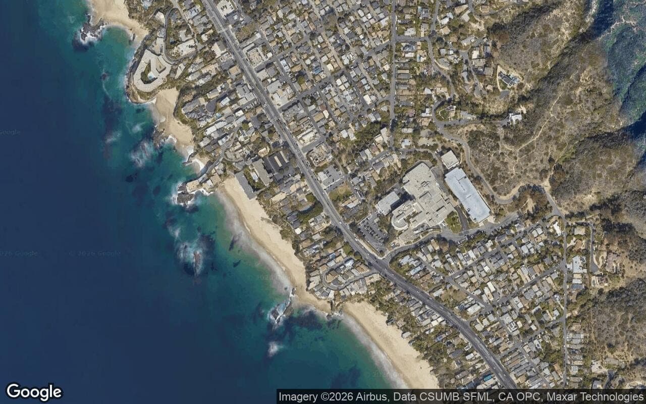 Satellite aerial view of South Laguna in Laguna Beach, California, showing the neighborhood's streets and surroundings.