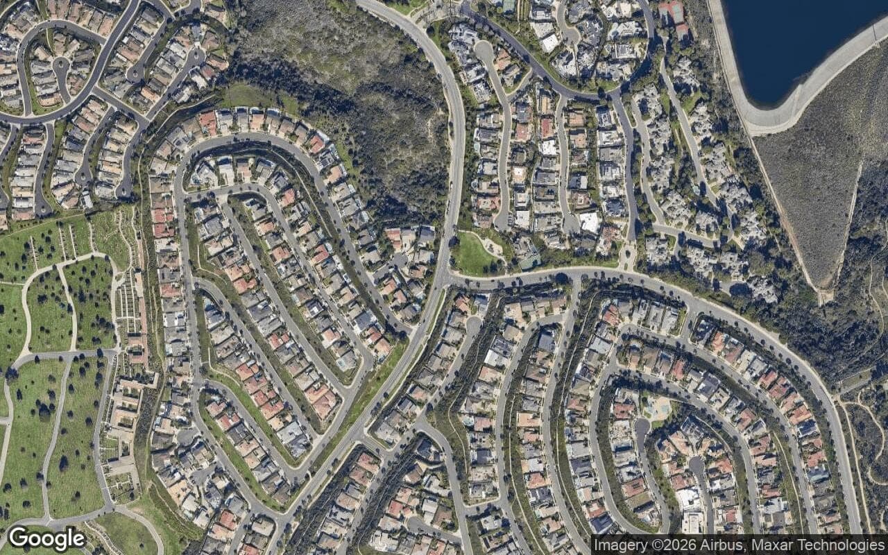 Satellite aerial view of Spyglass Ridge in Corona del Mar, California, showing the neighborhood's streets and surroundings.