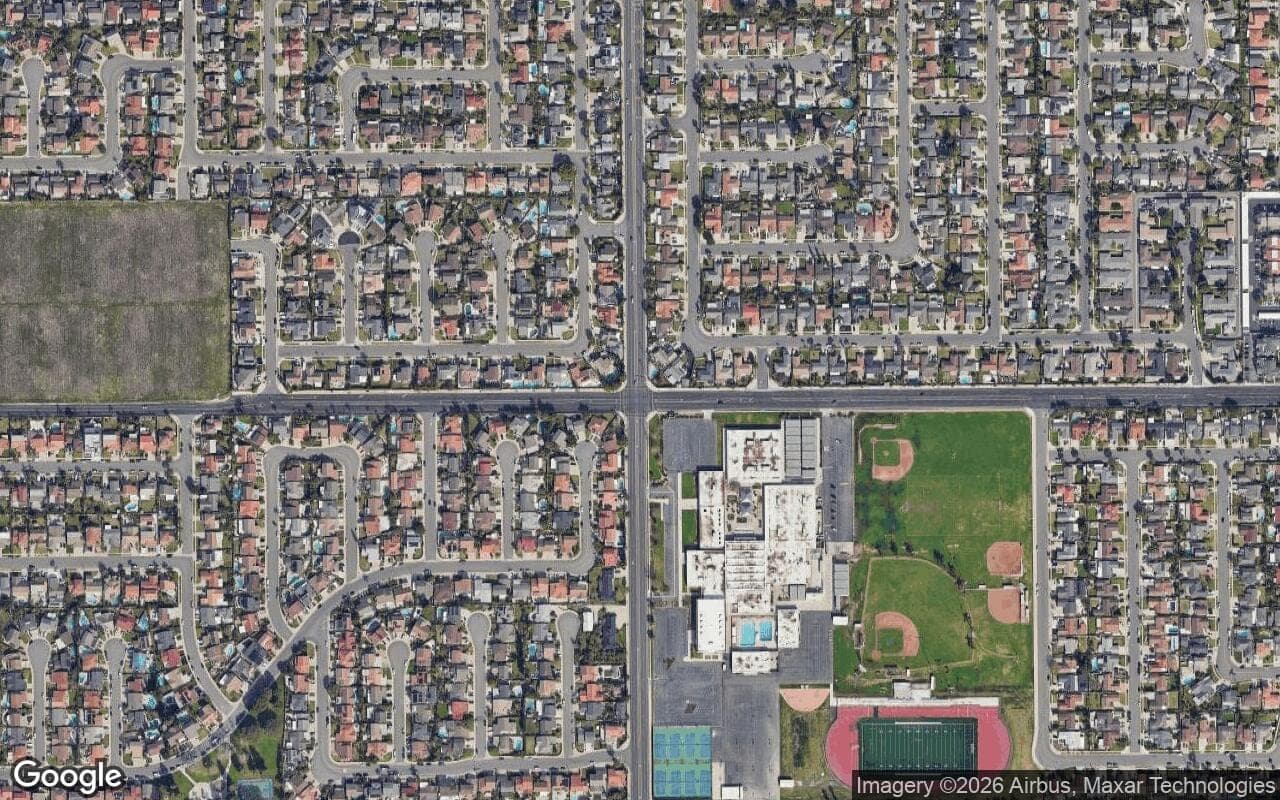 Satellite aerial view of Summerwood Homes in Fountain Valley, California, showing the neighborhood's streets and surroundings.