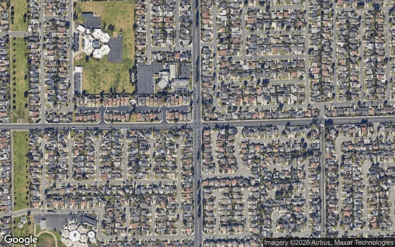 Satellite aerial view of Talbert Village in Fountain Valley, California, showing the neighborhood's streets and surroundings.