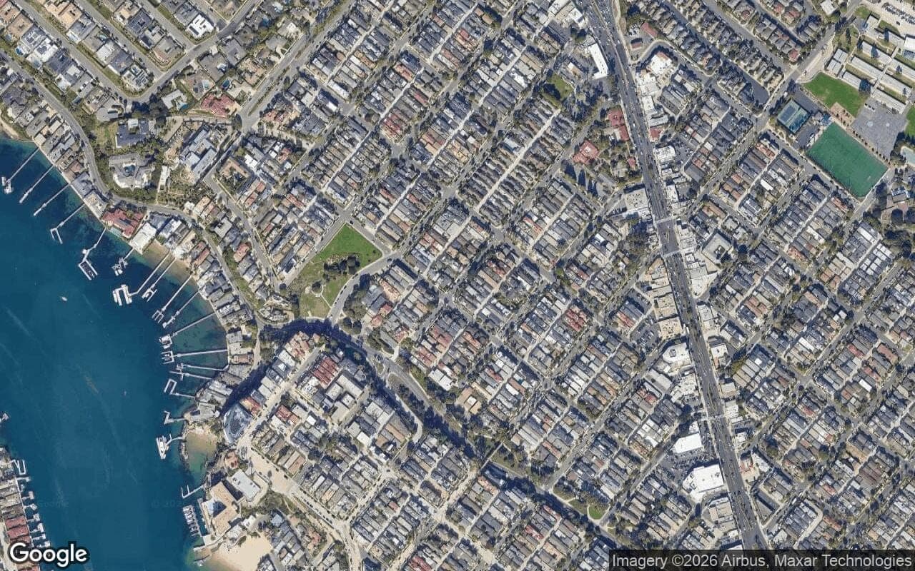 Satellite aerial view of Terraces in Corona del Mar, California, showing the neighborhood's streets and surroundings.