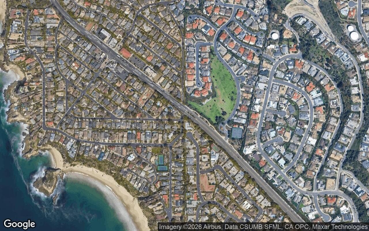 Satellite aerial view of Three Arch Bay in Laguna Beach, California, showing the neighborhood's streets and surroundings.