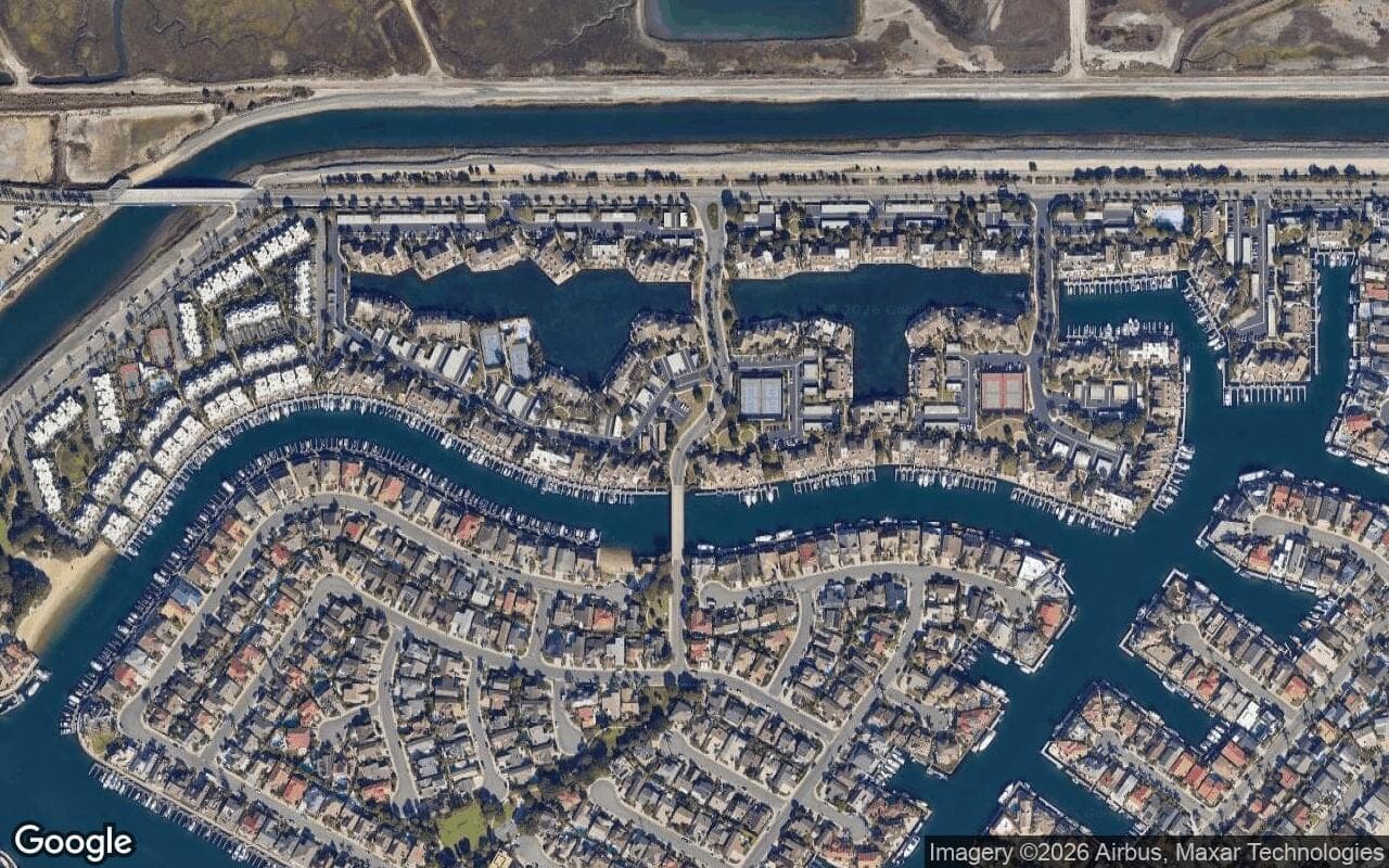 Satellite aerial view of Trinidad Island in Huntington Beach, California, showing the neighborhood's streets and surroundings.
