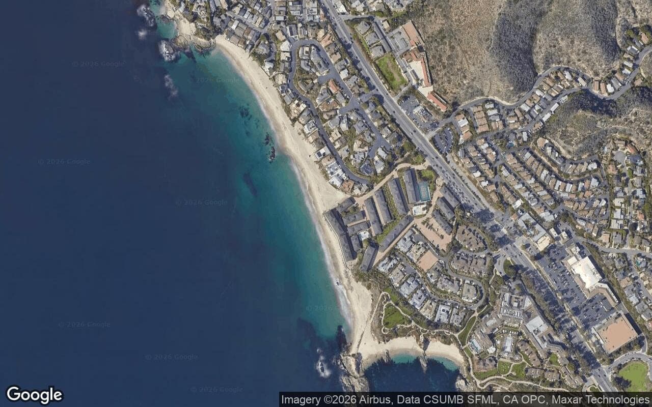Satellite aerial view of Victoria Beach in Laguna Beach, California, showing the neighborhood's streets and surroundings.