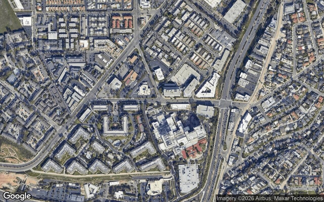 Satellite aerial view of Villa Balboa in Newport Beach, California, showing the neighborhood's streets and surroundings.
