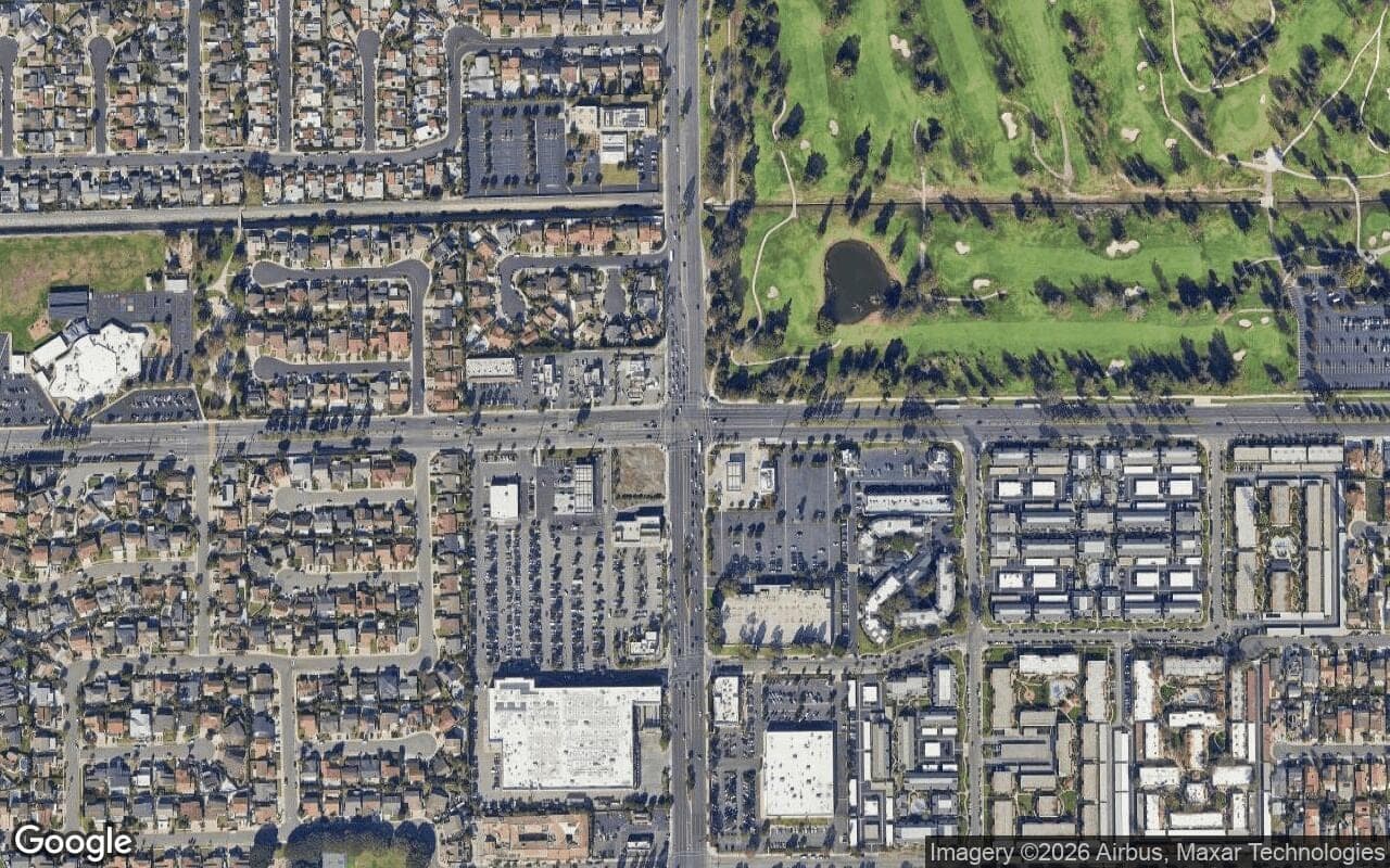 Satellite aerial view of Villa Monterey in Fountain Valley, California, showing the neighborhood's streets and surroundings.