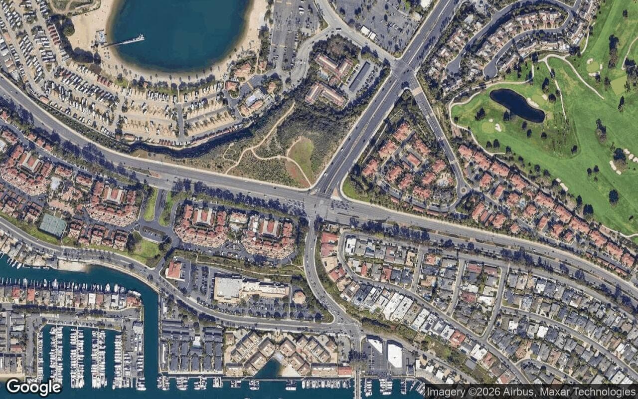 Satellite aerial view of Villa Point in Newport Beach, California, showing the neighborhood's streets and surroundings.