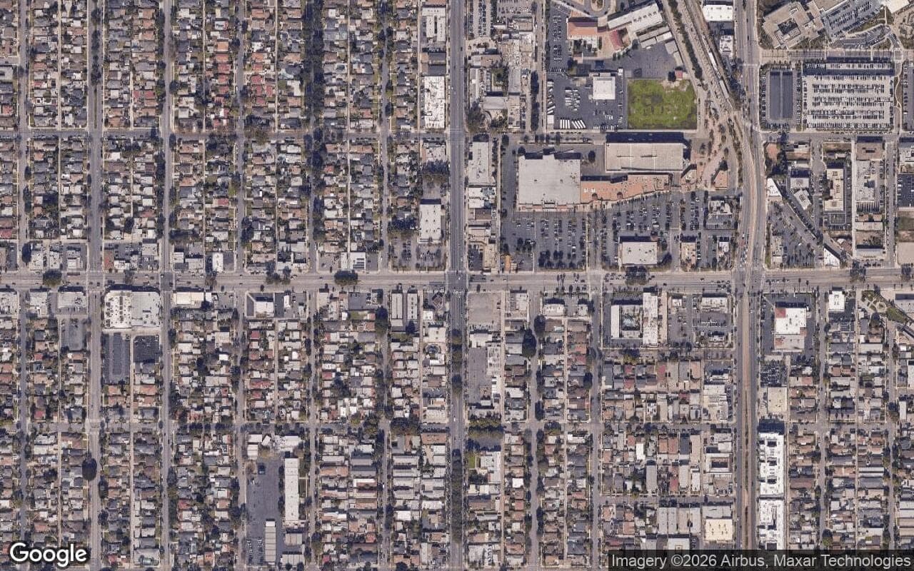 Satellite aerial view of Wrigley in Long Beach, California, showing the neighborhood's streets and surroundings.