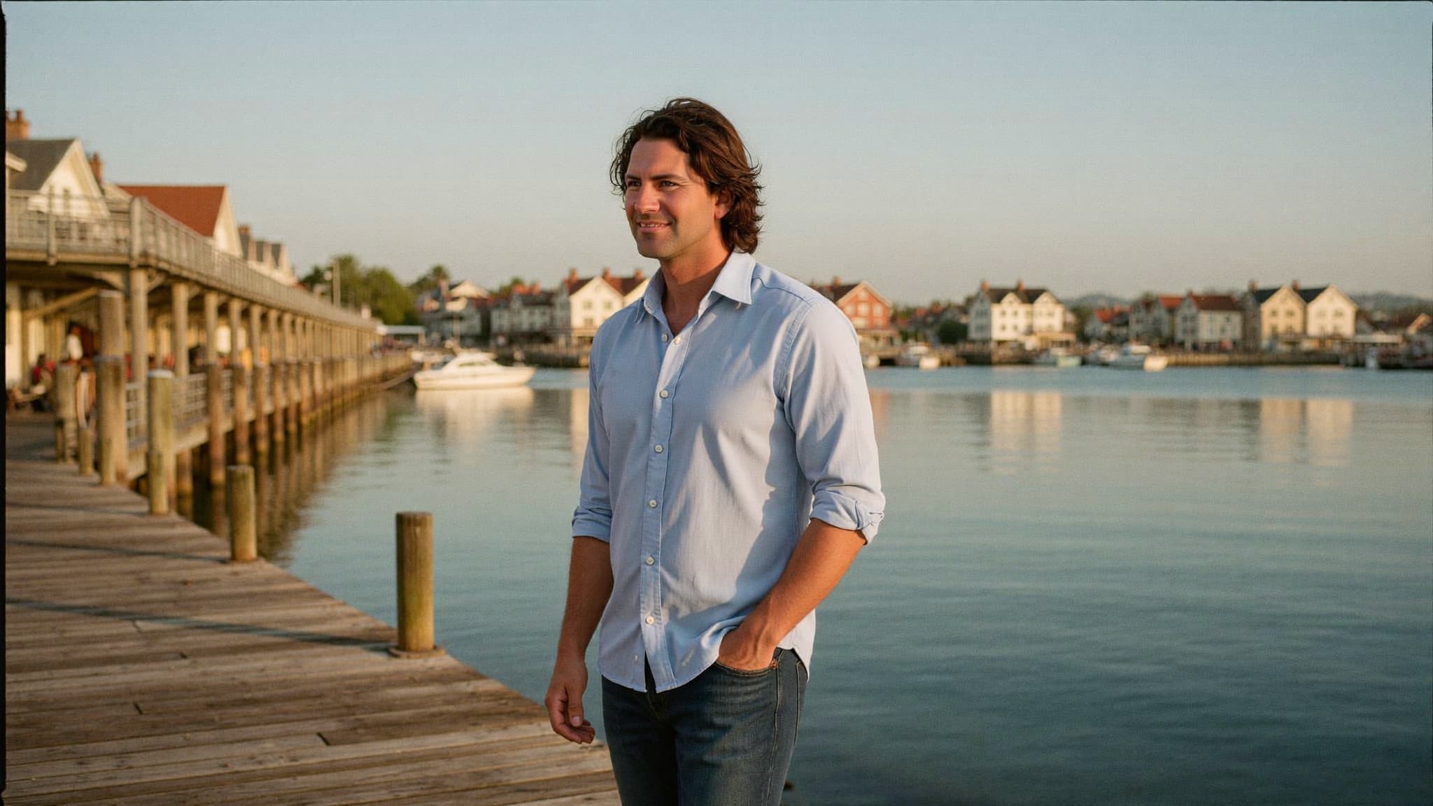 Justin Ratowsky walking a Huntington Harbour dock at golden hour with waterfront homes across the channel, Ratowsky Group at Compass.