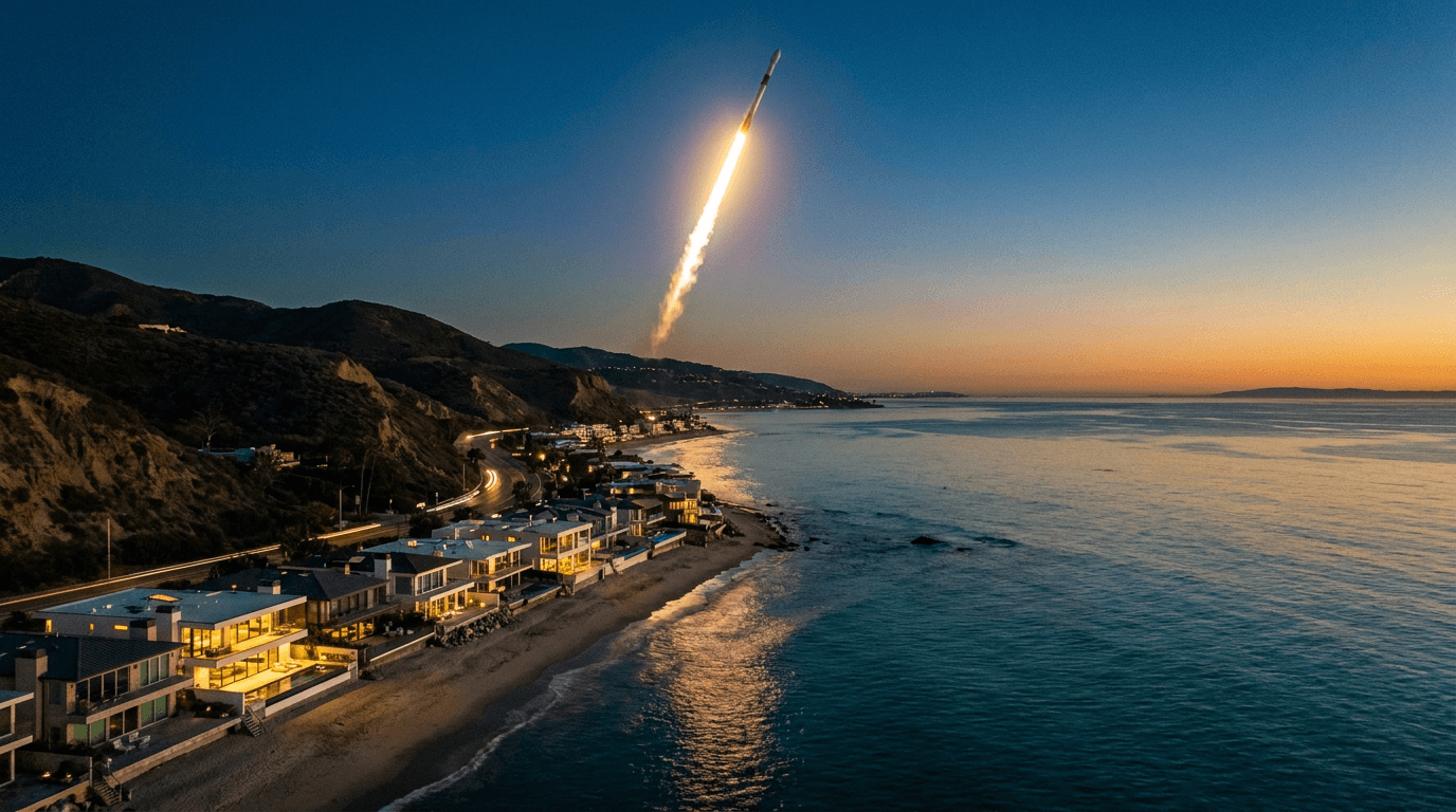 A rocket rising over the Orange County coastline at twilight, SpaceX IPO wealth meeting coastal luxury real estate.
