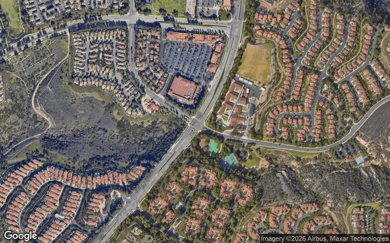 Satellite aerial view of Altezza in Newport Coast, California, showing the neighborhood's streets and surroundings.