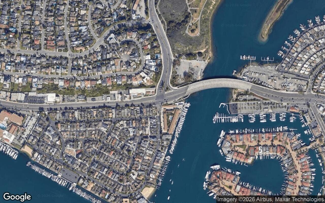 Satellite aerial view of Bayshores in Newport Beach, California, showing the neighborhood's streets and surroundings.