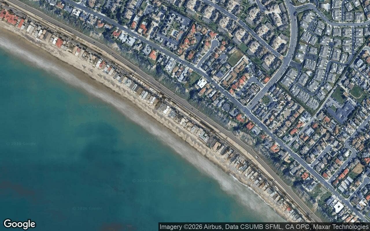 Satellite aerial view of Beach Road in Dana Point, California, showing the neighborhood's streets and surroundings.