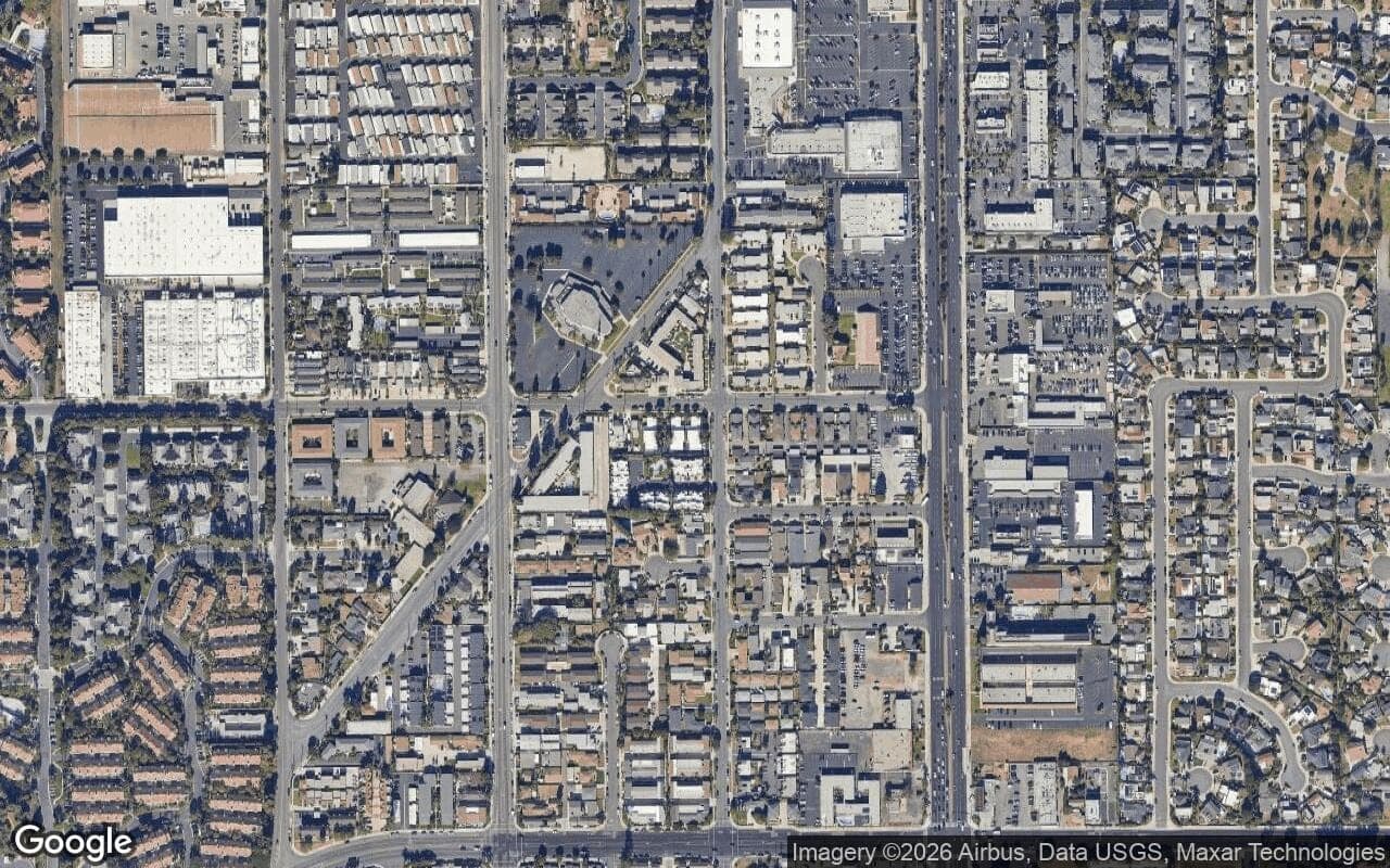 Satellite aerial view of Beachwalk in Huntington Beach, California, showing the neighborhood's streets and surroundings.