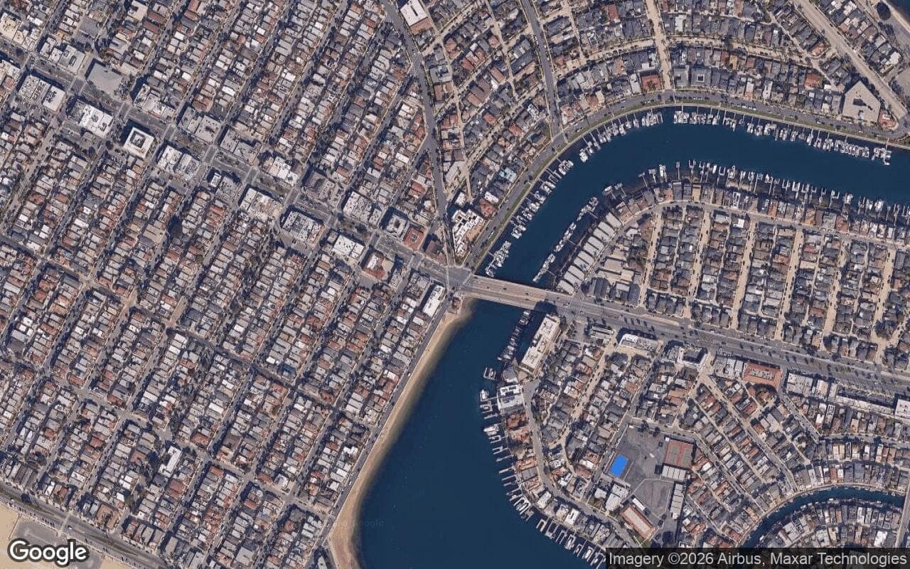 Satellite aerial view of Belmont Shore in Long Beach, California, showing the neighborhood's streets and surroundings.