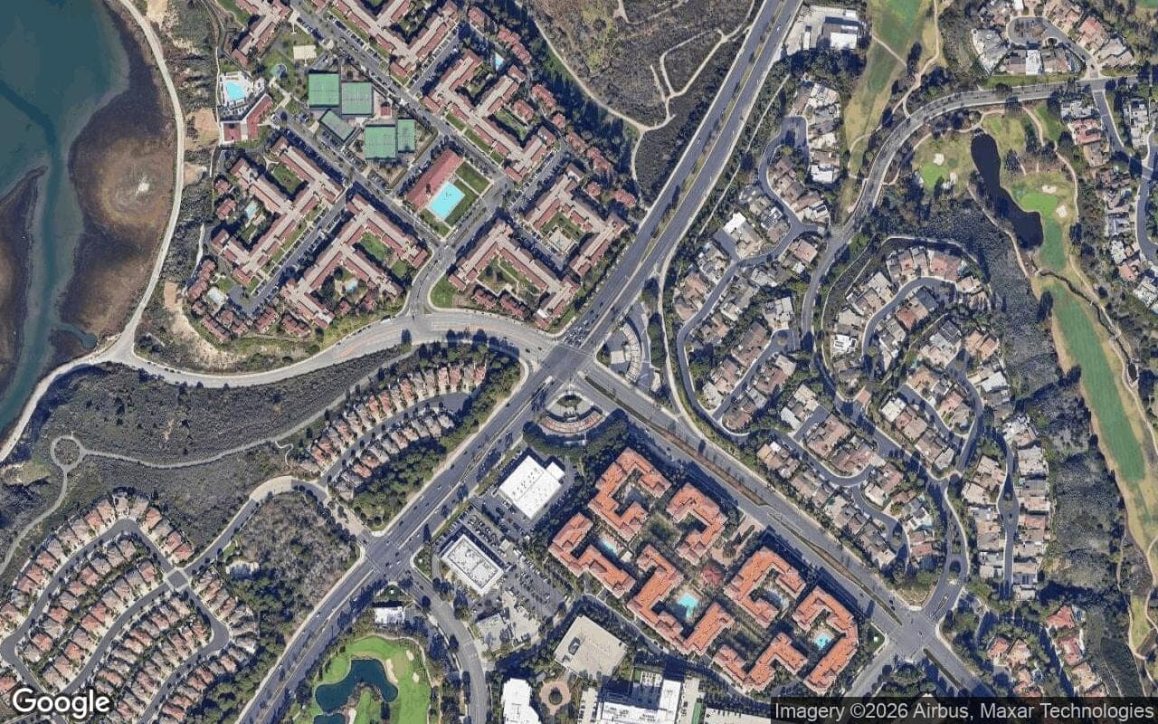 Satellite aerial view of Big Canyon Villas in Newport Beach, California, showing the neighborhood's streets and surroundings.