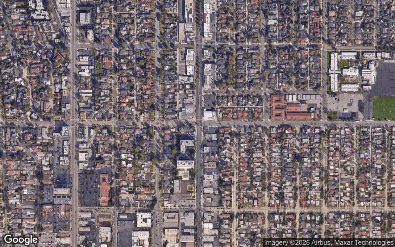 Satellite aerial view of Bixby Knolls in Long Beach, California, showing the neighborhood's streets and surroundings.