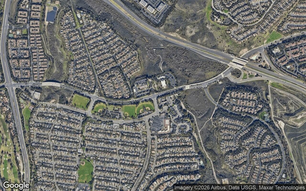 Satellite aerial view of Bonita Canyon in Newport Beach, California, showing the neighborhood's streets and surroundings.