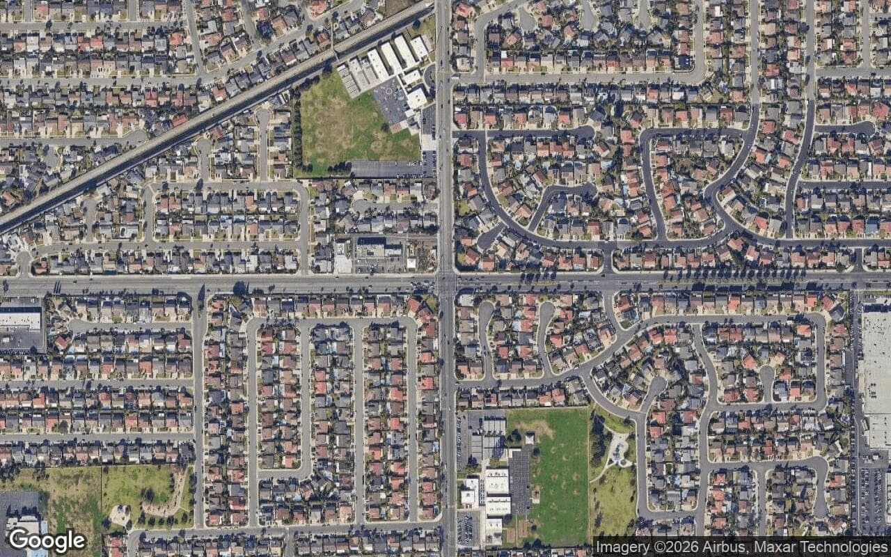 Satellite aerial view of Camelo Manor in Fountain Valley, California, showing the neighborhood's streets and surroundings.