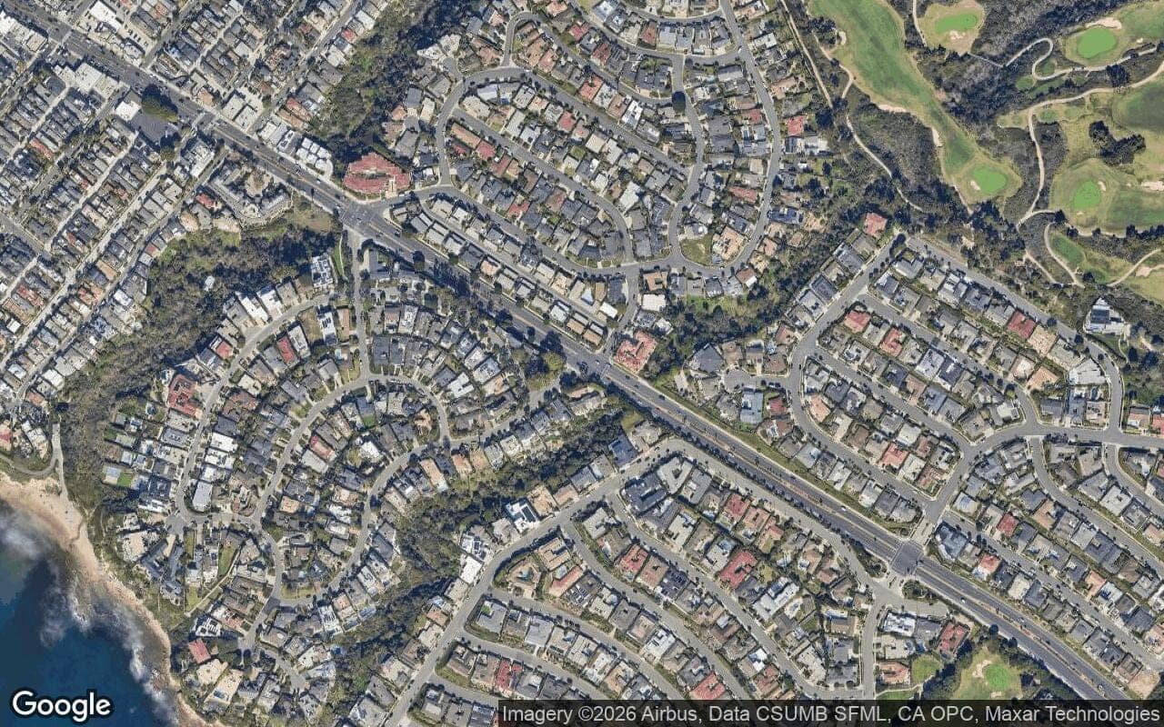 Satellite aerial view of Canyon Crest in Corona del Mar, California, showing the neighborhood's streets and surroundings.
