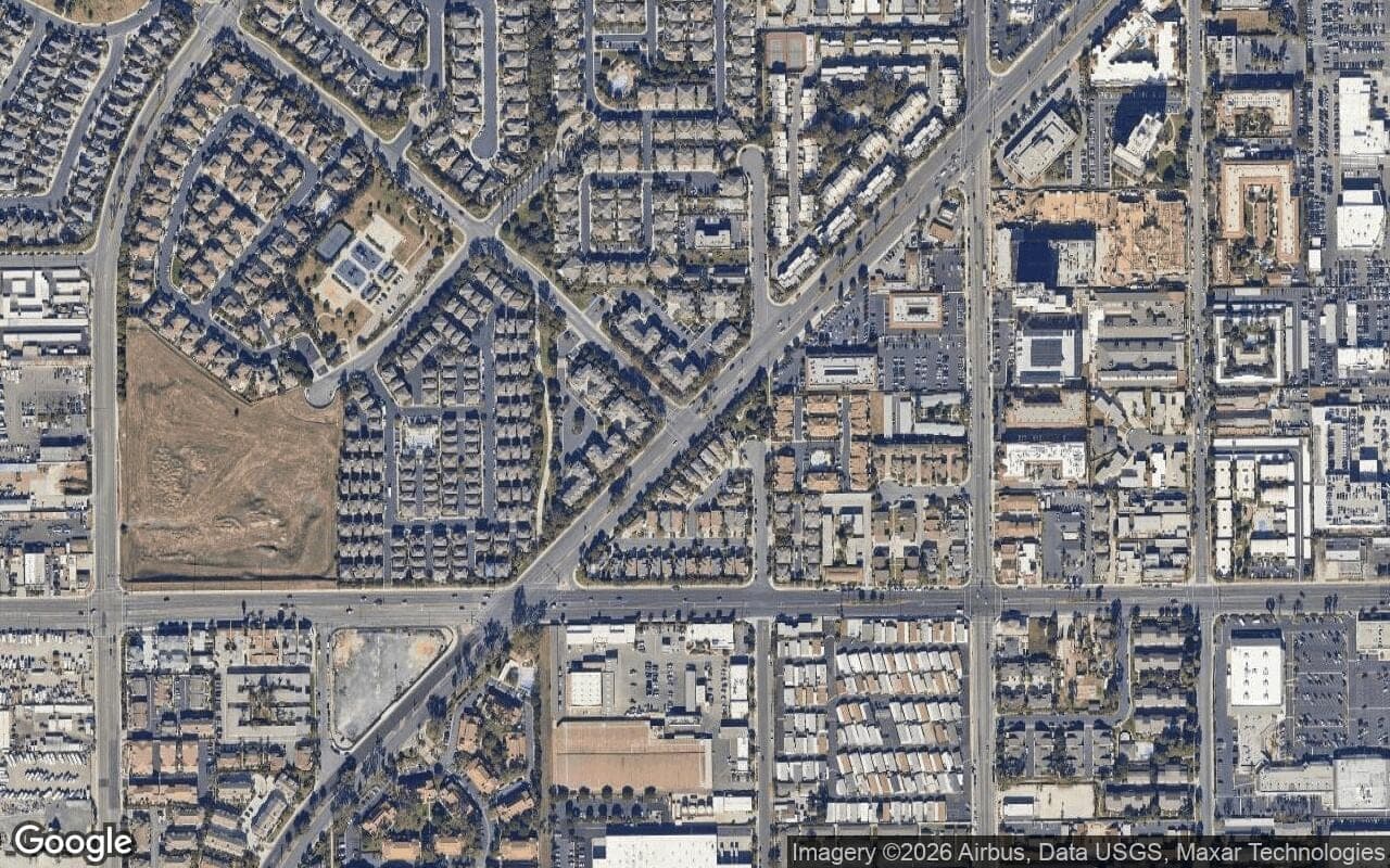 Satellite aerial view of Cape Ann in Huntington Beach, California, showing the neighborhood's streets and surroundings.
