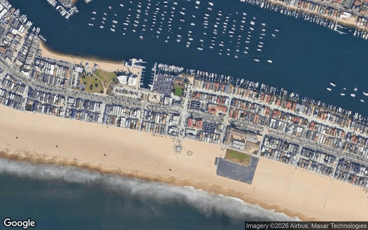 Satellite aerial view of Central Newport in Newport Beach, California, showing the neighborhood's streets and surroundings.