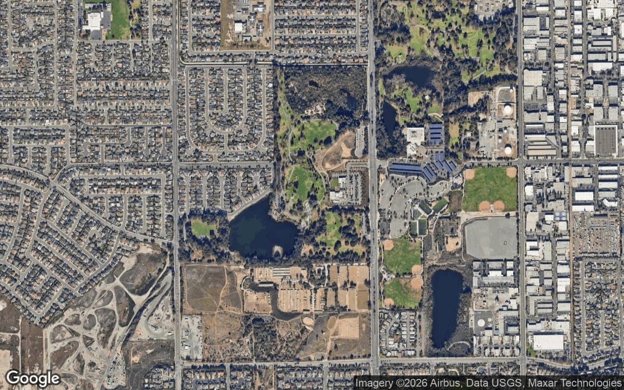 Satellite aerial of Huntington Central Park surrounded by the established central Huntington Beach neighborhoods.