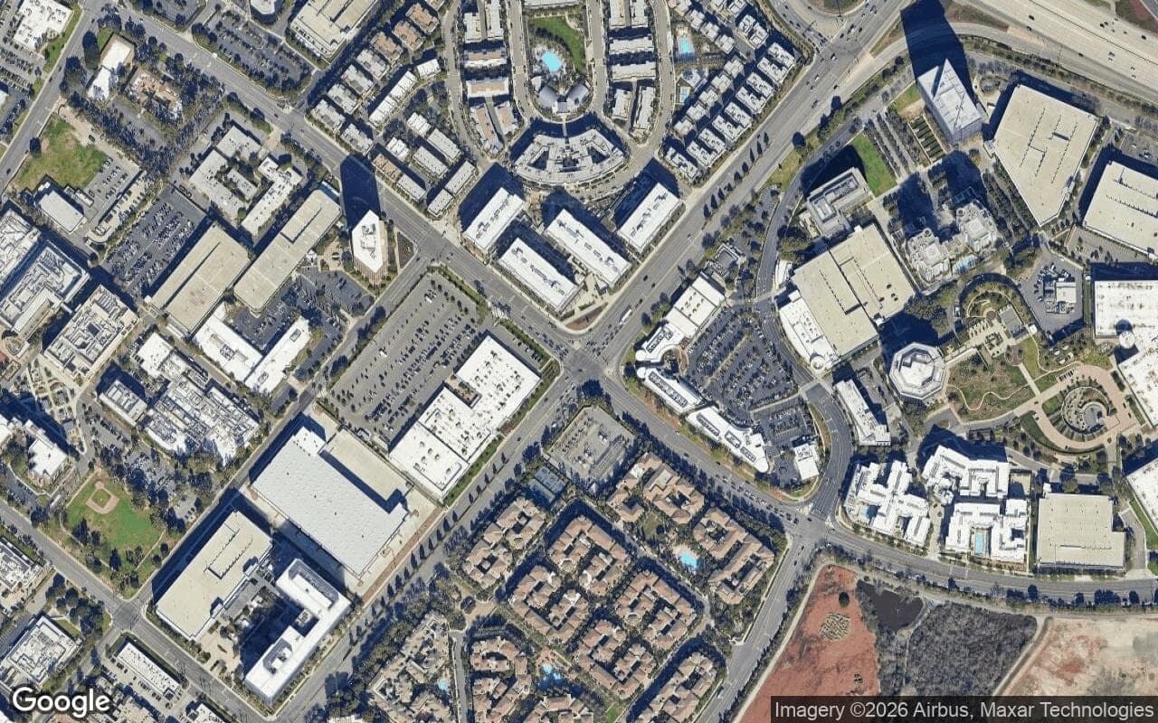 Satellite aerial view of Central Park West in Irvine, California, showing the neighborhood's streets and surroundings.