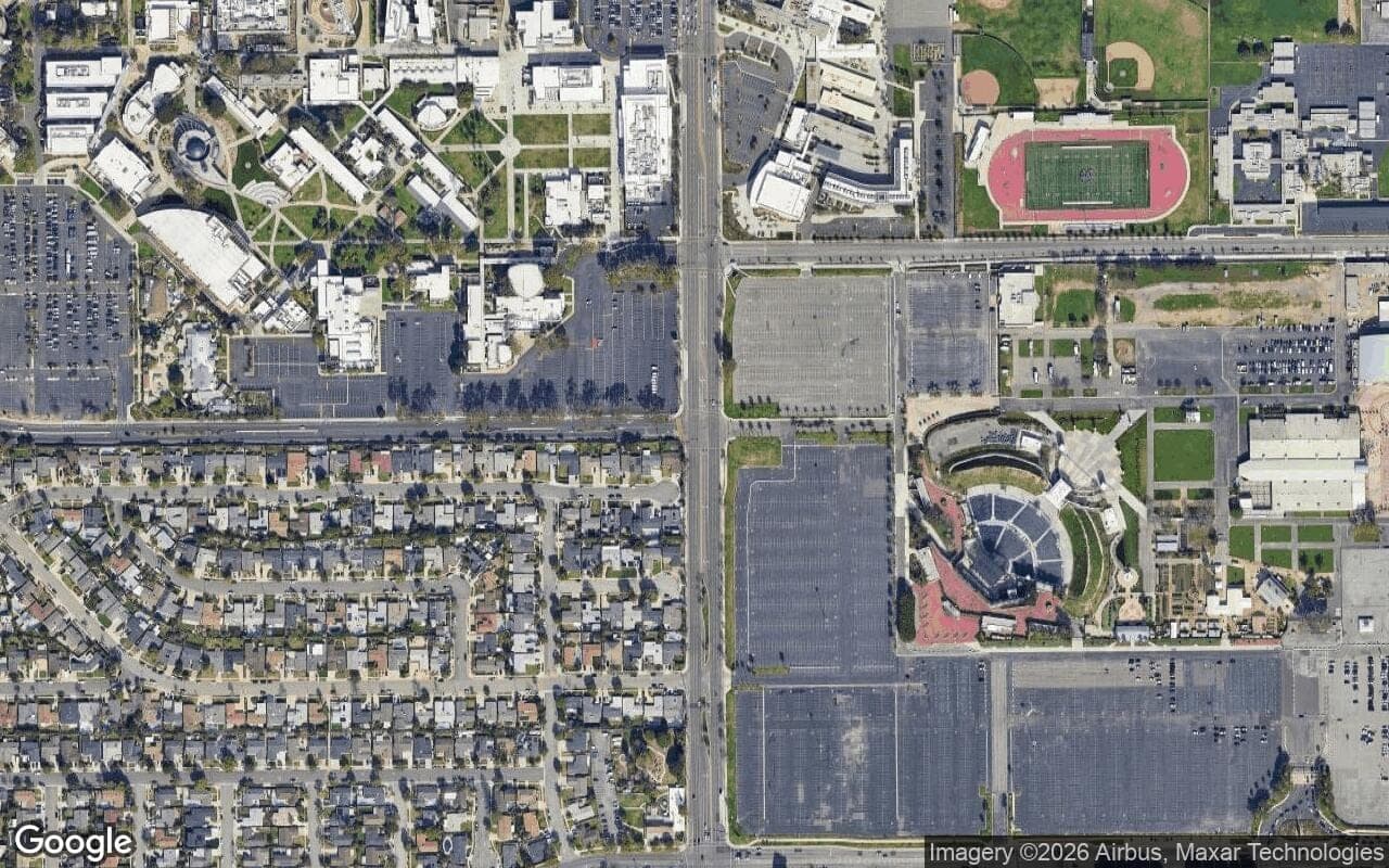 Satellite aerial view of College Park in Costa Mesa, California, showing the neighborhood's streets and surroundings.