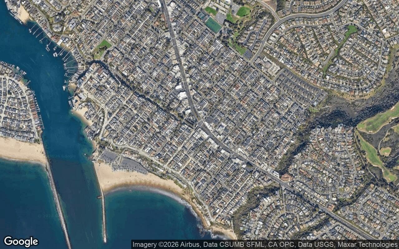 Satellite aerial view of Corona del Mar North of PCH in Corona del Mar, California, showing the neighborhood's streets and surroundings.