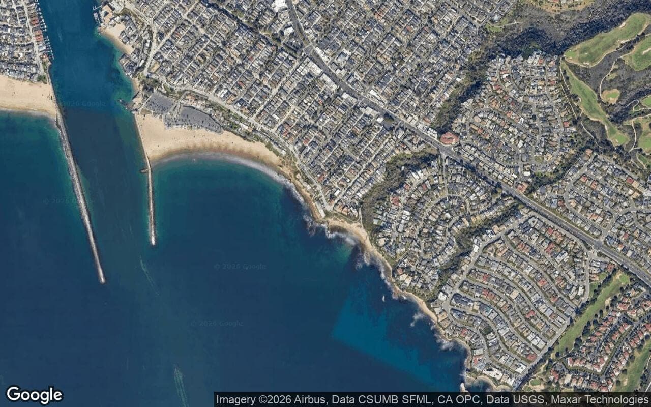 Satellite aerial view of Corona del Mar South of PCH in Corona del Mar, California, showing the neighborhood's streets and surroundings.
