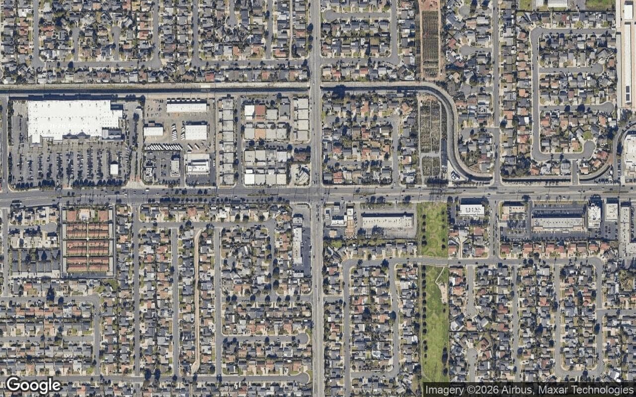 Satellite aerial view of Crestwood in Fountain Valley, California, showing the neighborhood's streets and surroundings.