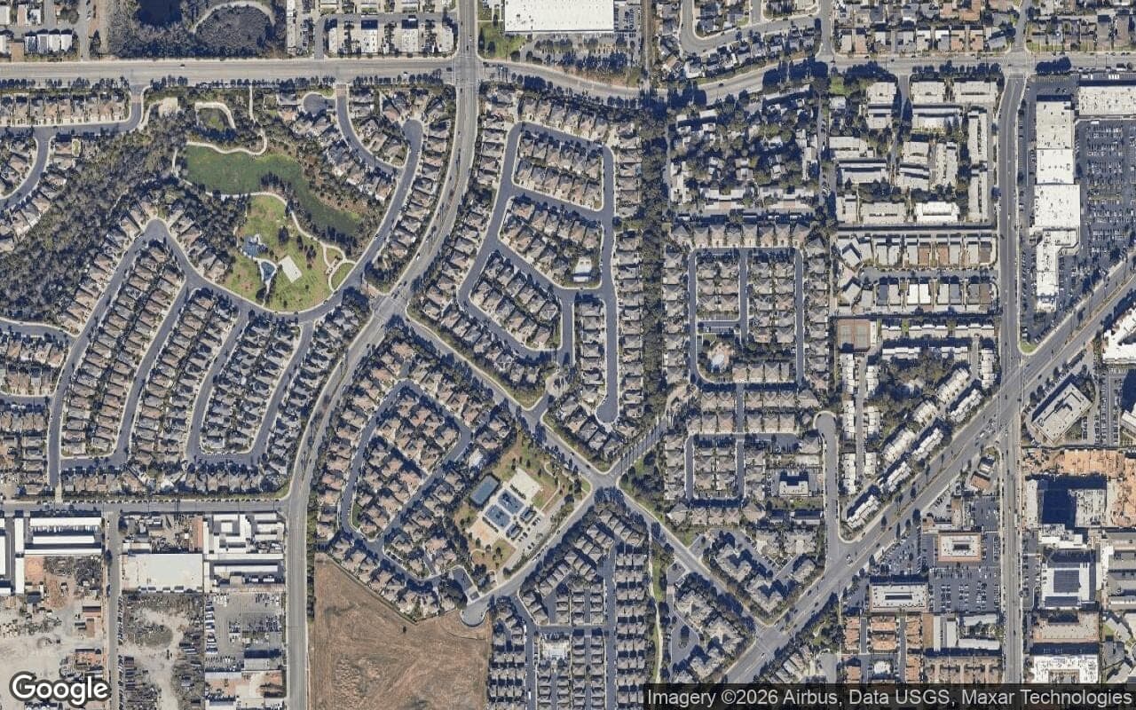 Satellite aerial view of Cristalaire in Huntington Beach, California, showing the neighborhood's streets and surroundings.