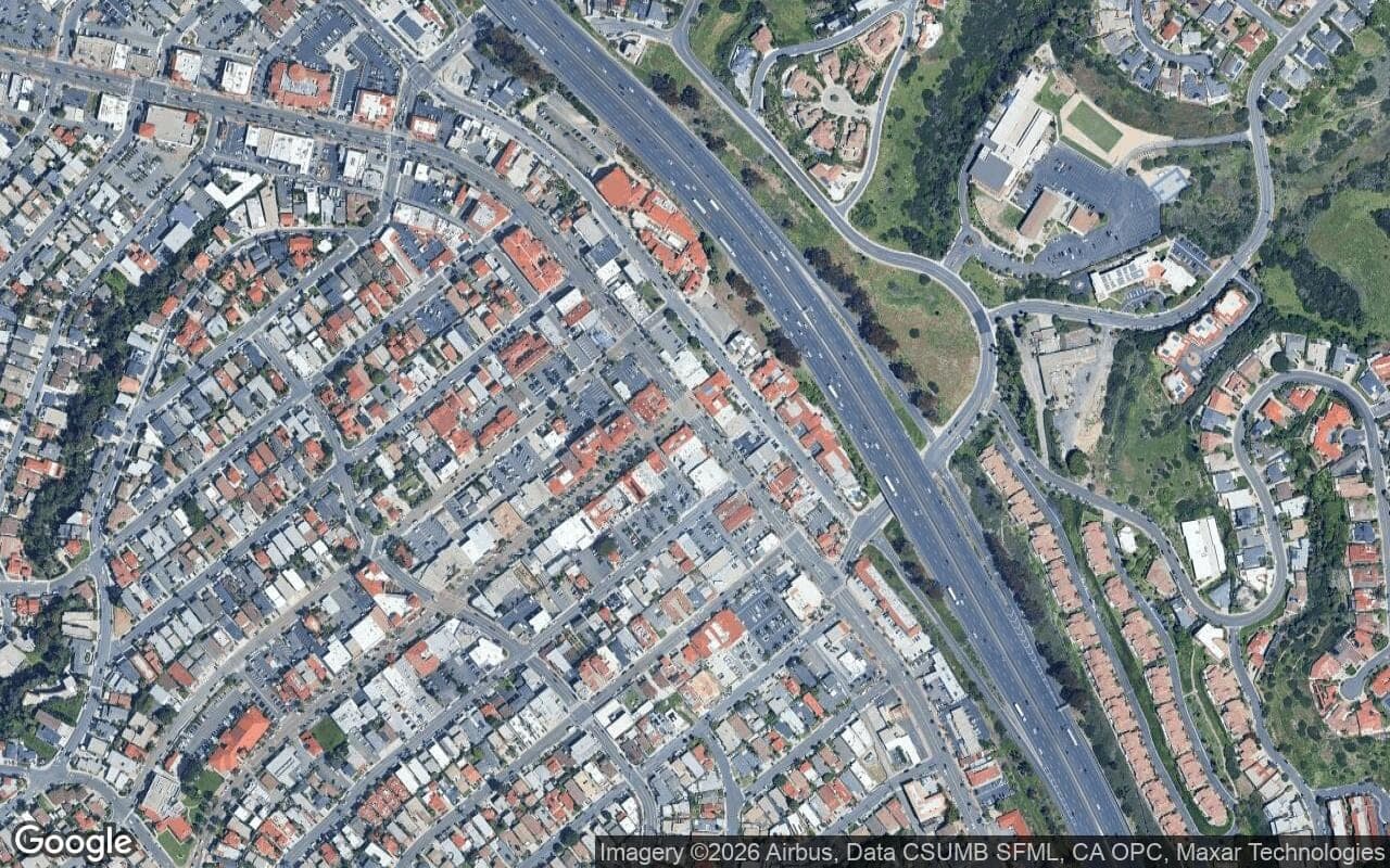 Satellite aerial view of Cyprus Shore in San Clemente, California, showing the neighborhood's streets and surroundings.