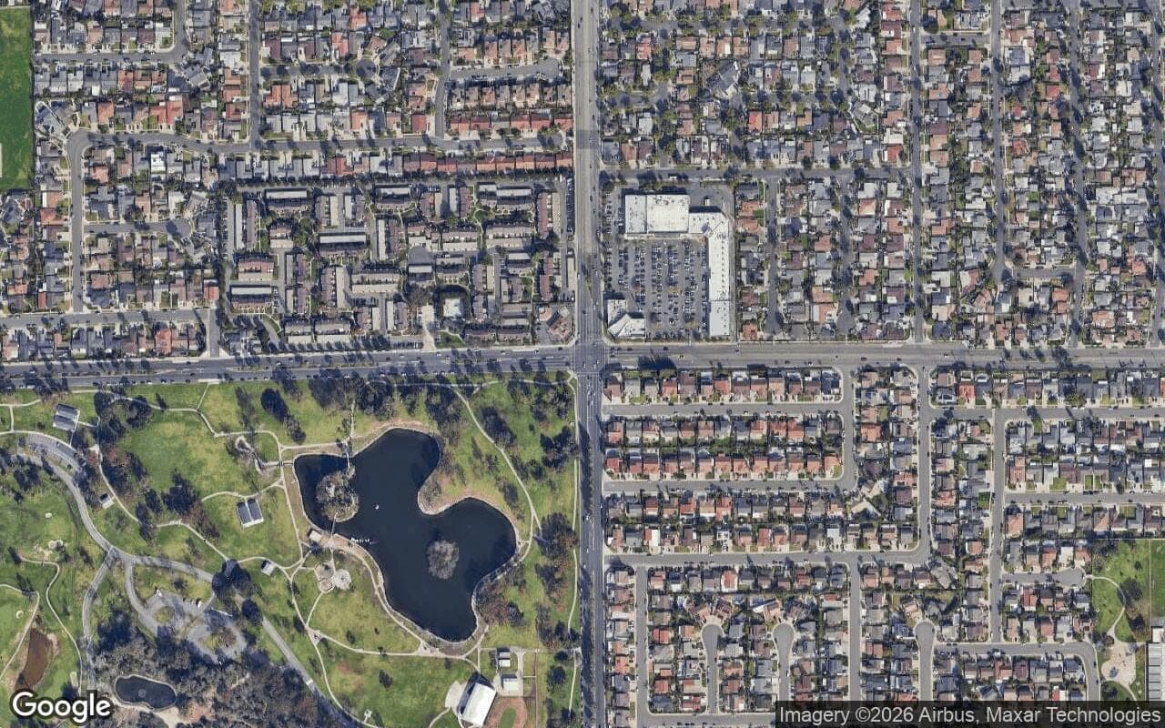 Satellite aerial view of Dolphin Terrace in Fountain Valley, California, showing the neighborhood's streets and surroundings.