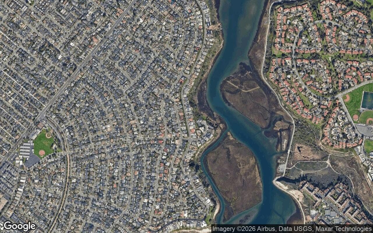 Satellite aerial view of Dover Shores in Newport Beach, California, showing the neighborhood's streets and surroundings.
