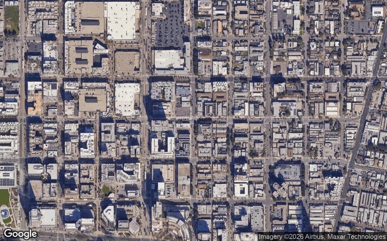 Satellite aerial view of East Village Arts District in Long Beach, California, showing the neighborhood's streets and surroundings.