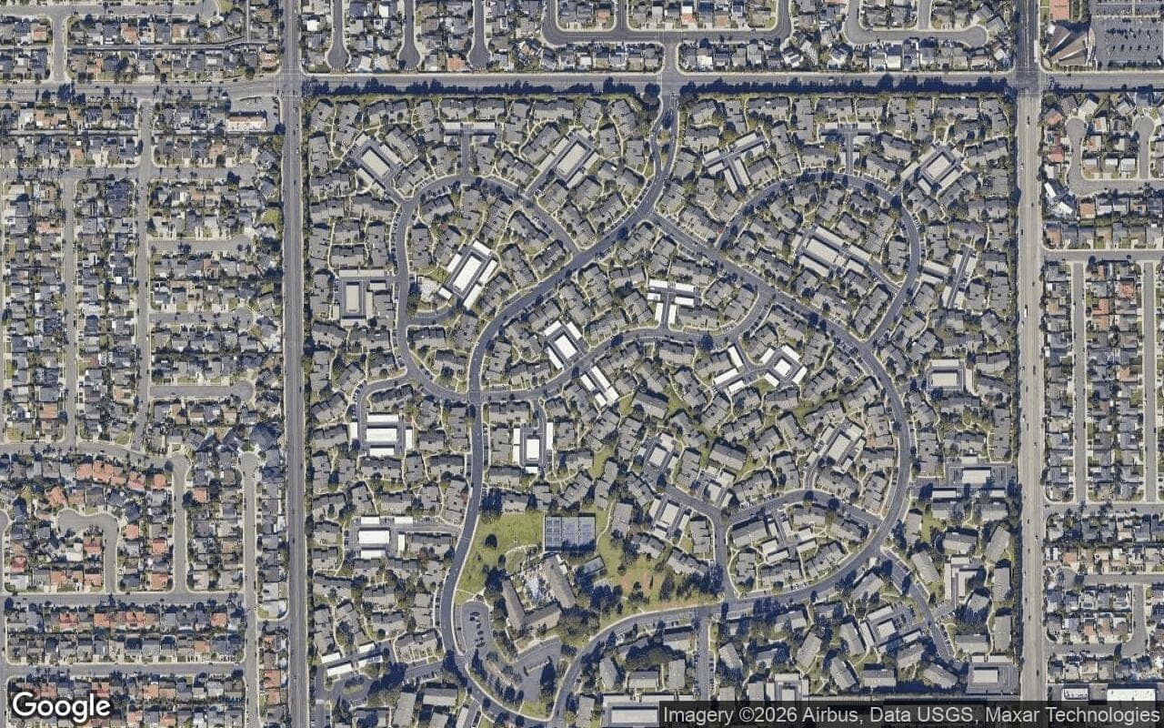 Satellite aerial view of Faire Marin in Huntington Beach, California, showing the neighborhood's streets and surroundings.