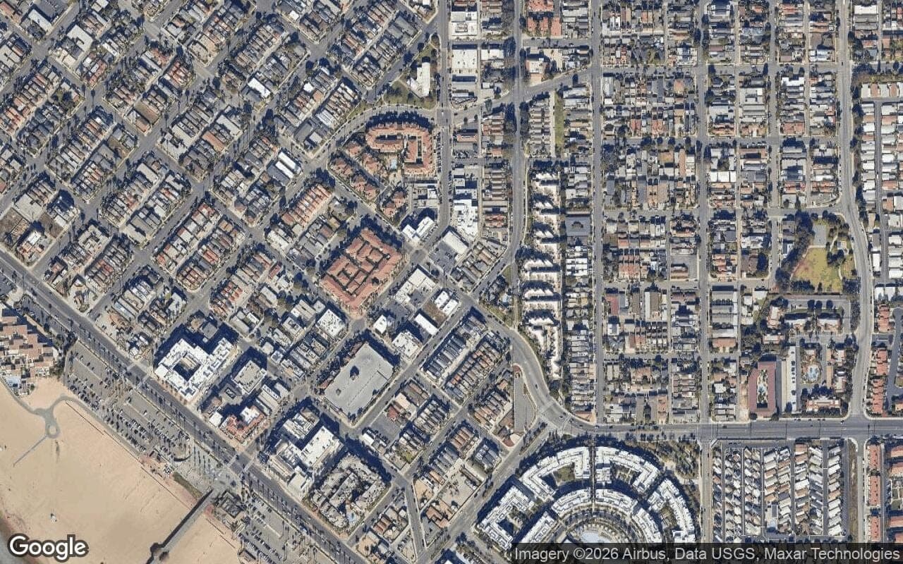 Satellite aerial view of Fashion Shores in Huntington Beach, California, showing the neighborhood's streets and surroundings.