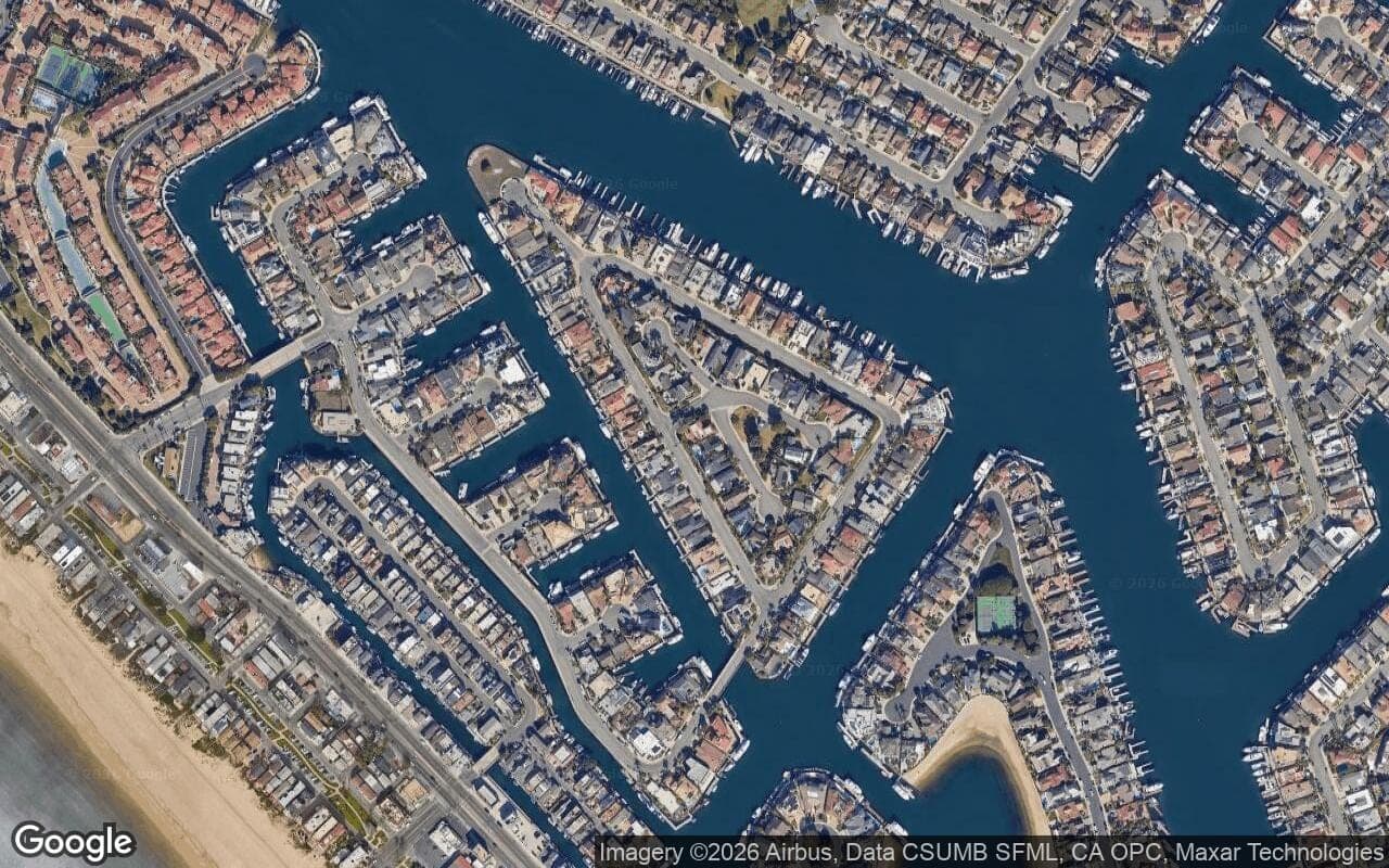 Satellite aerial view of Gilbert Island in Huntington Beach, California, showing the neighborhood's streets and surroundings.