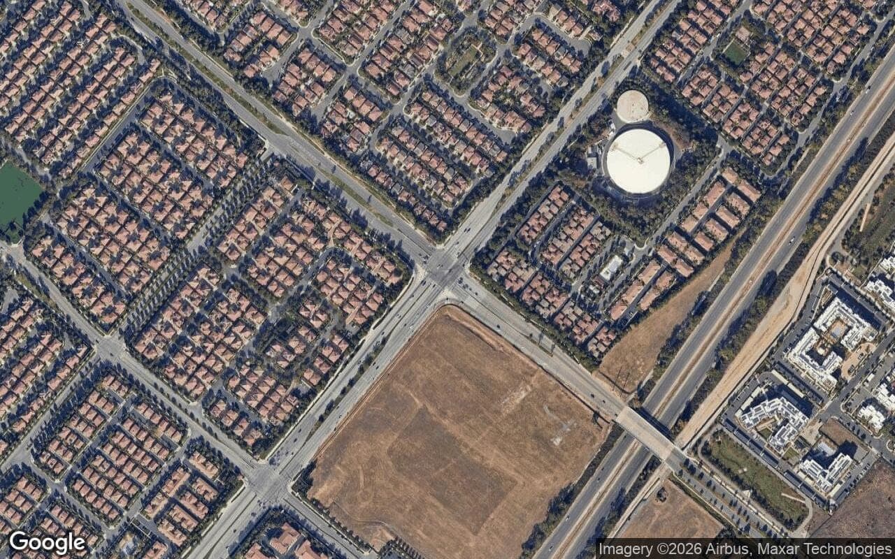 Satellite aerial view of Great Park Neighborhoods in Irvine, California, showing the neighborhood's streets and surroundings.