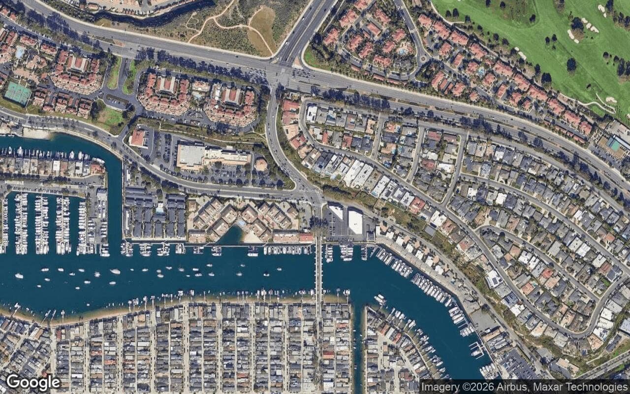 Satellite aerial view of Harbor Cove Palisades in Newport Beach, California, showing the neighborhood's streets and surroundings.