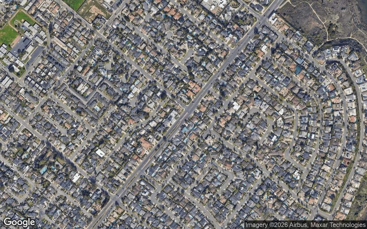 Satellite aerial view of Harbor Grove Promenade in Newport Beach, California, showing the neighborhood's streets and surroundings.