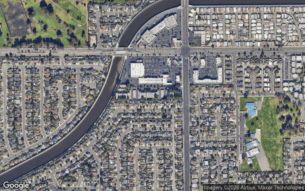 Satellite aerial view of Huntington Continental in Huntington Beach, California, showing the neighborhood's streets and surroundings.