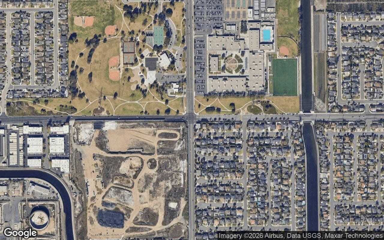 Satellite aerial view of Huntington Crest in Huntington Beach, California, showing the neighborhood's streets and surroundings.
